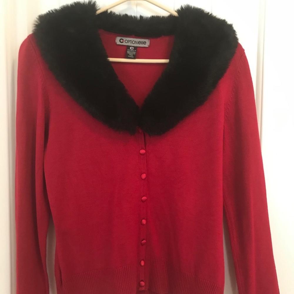Cranberry wool and polyester cardigan.